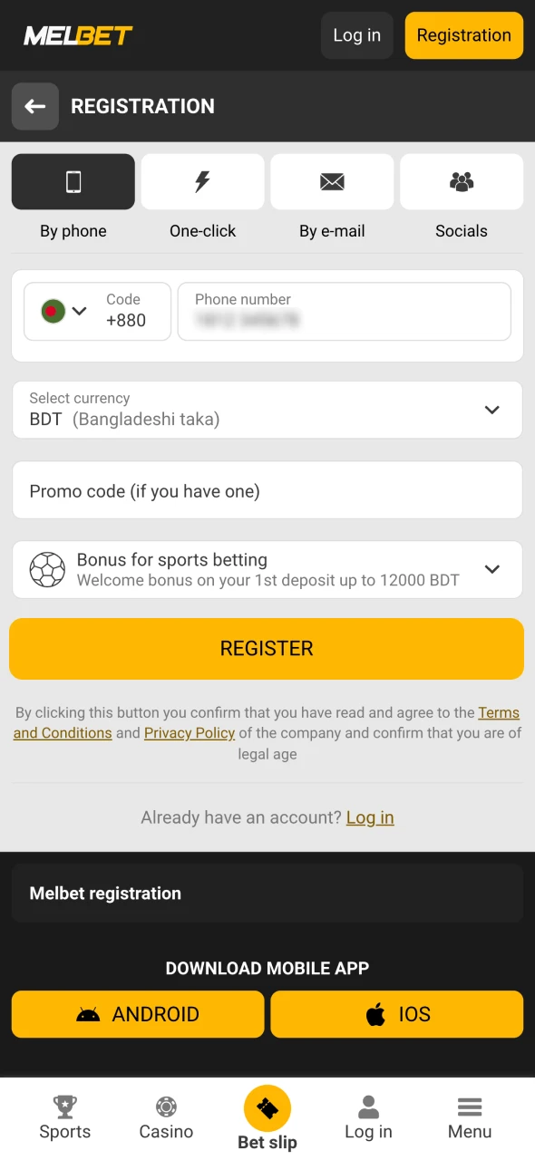 End the process of Melbet registration in Bangladesh.