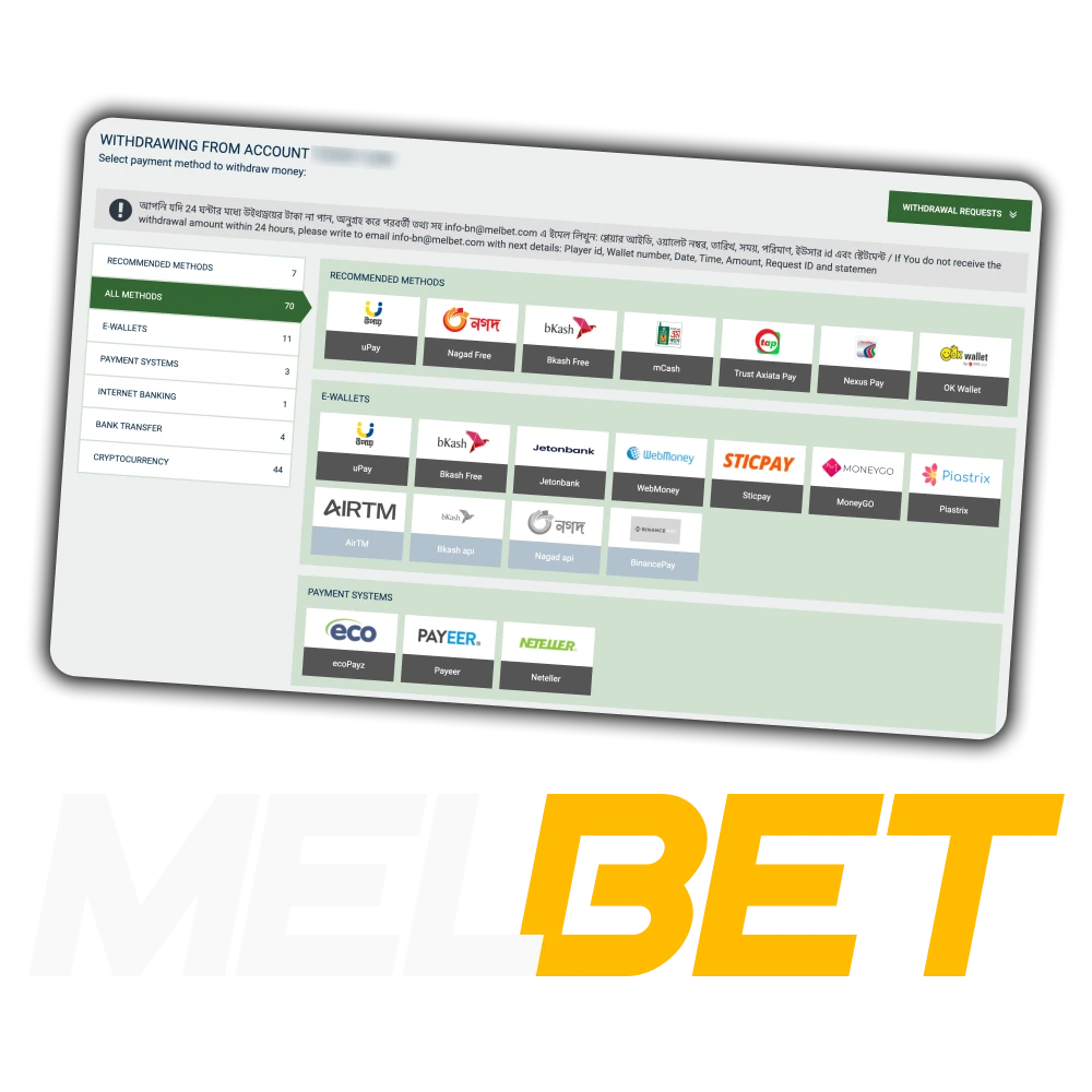 Melbet provides a fast and safe withdrawal service.