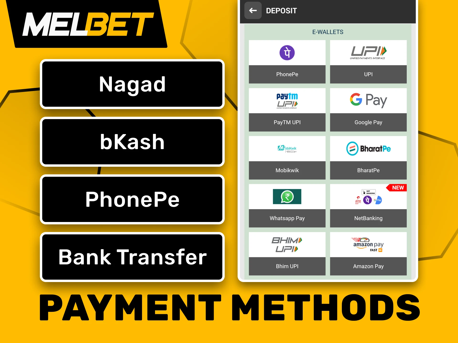 Make payments easily using transaction methods available in the Melbet app.