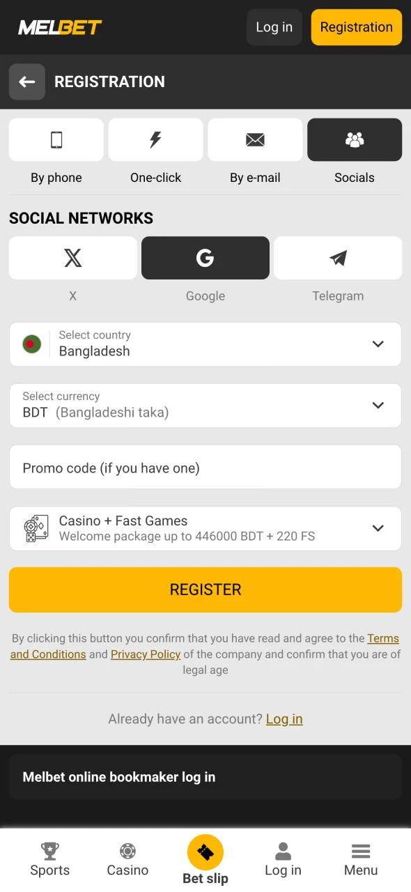 Finish the Melbet registration.