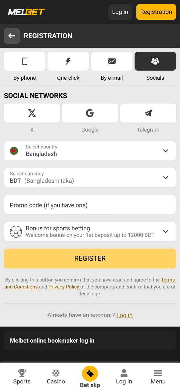 Register your personal account at Melbet platform.