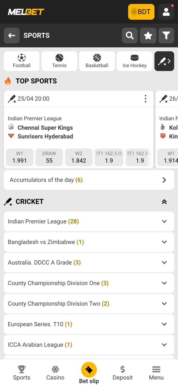 Navigate to the Melbet cricket section.