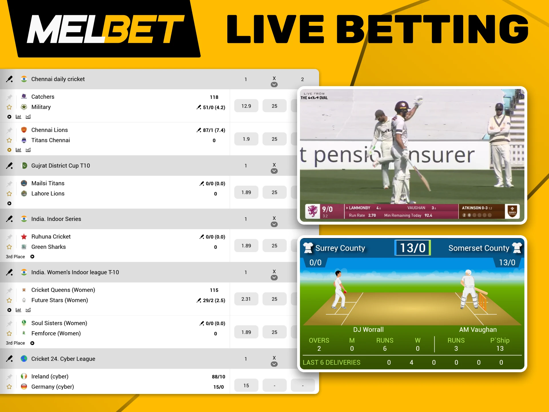 Bet on real-time cricket events using Melbet.