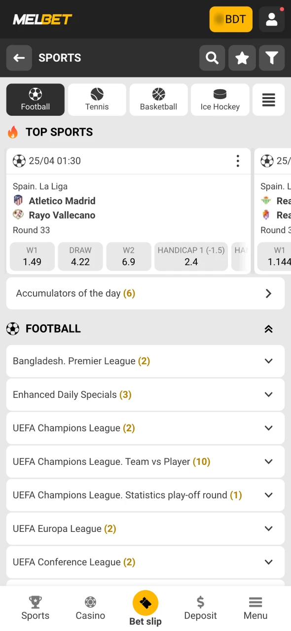 Open the football tab on Melbet official website.