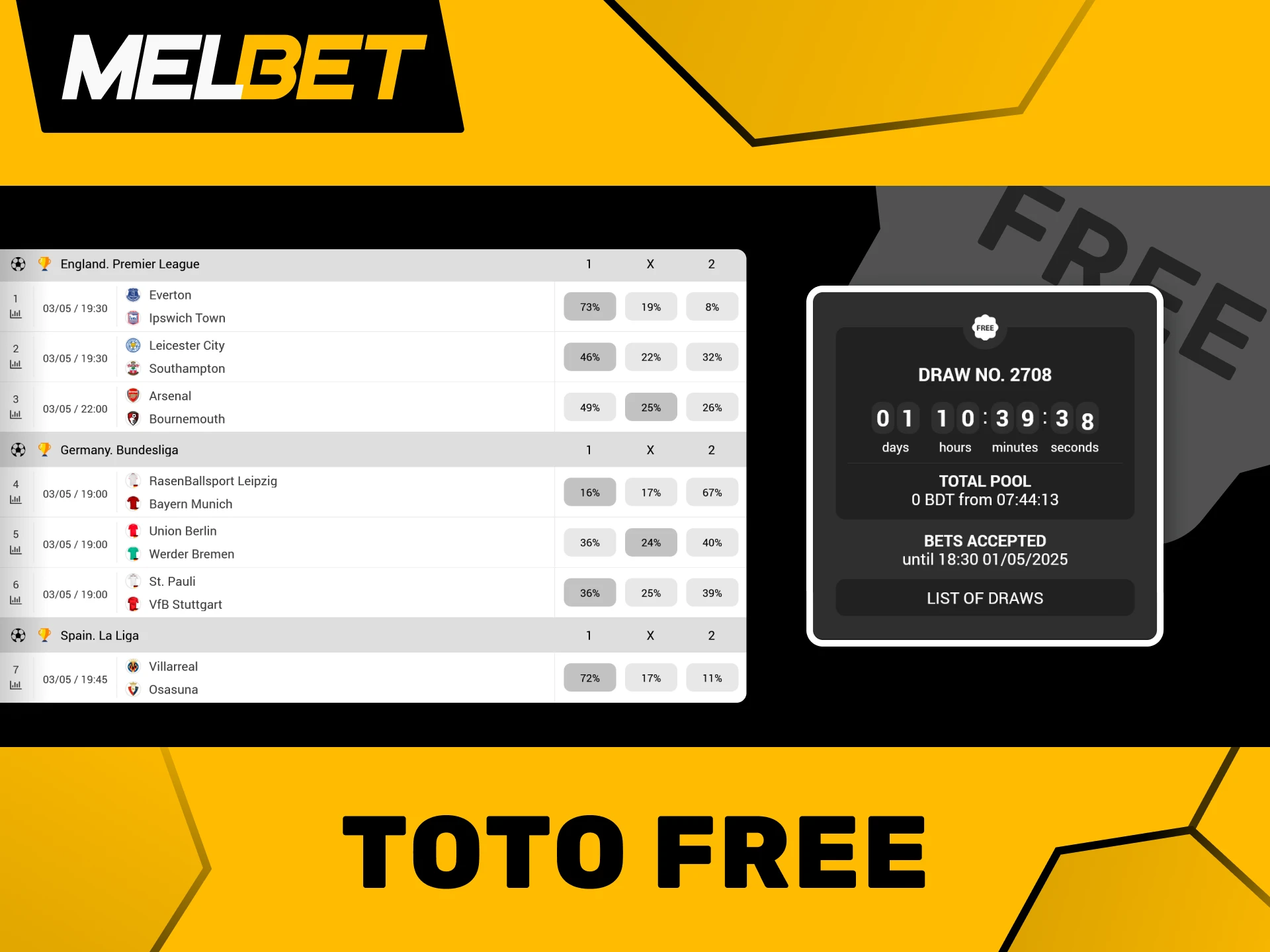 Earn bonus points by placing bets at Toto Free on Melbet.