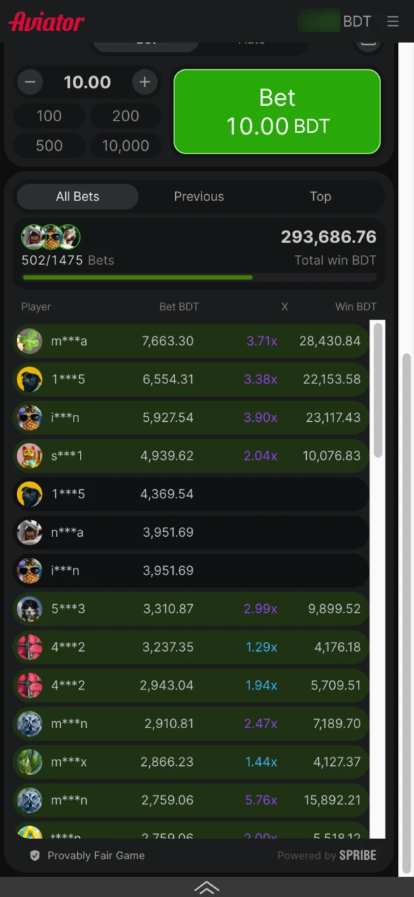 The bets of all players of the Aviator game at Melbet.